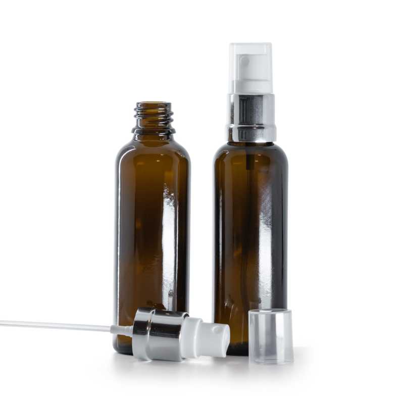 Flacone in vetro ambra, alto, spruzzatore bianco argento, 50 ml