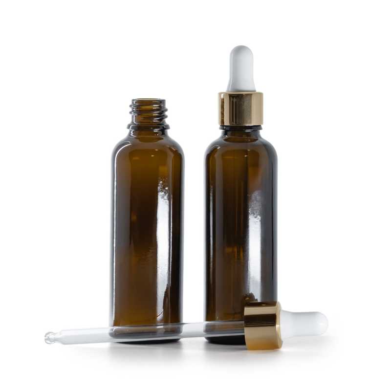 Flacone in vetro, ambra, contagocce bianco oro, 50 ml
