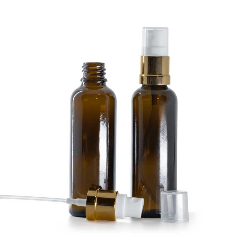 Flacone in vetro ambra, slim, spruzzatore bianco oro, 50 ml