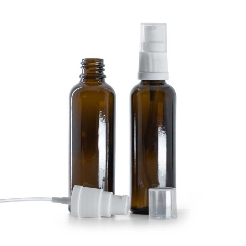 Flacone in vetro ambrato, alto, dispenser lozione bianco, 50 ml