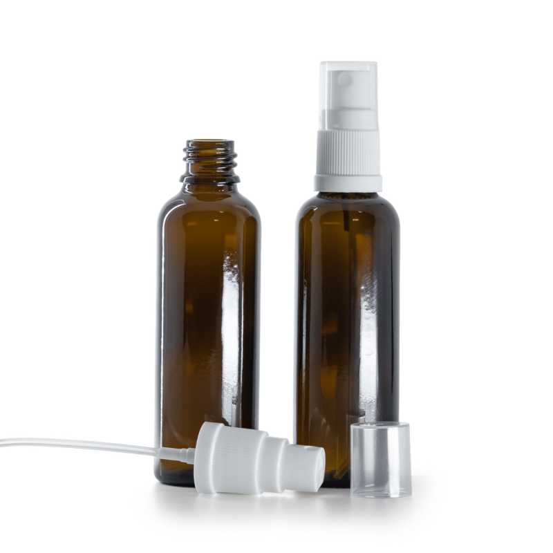 Flacone in vetro ambrato, alto, spruzzatore bianco, 50 ml