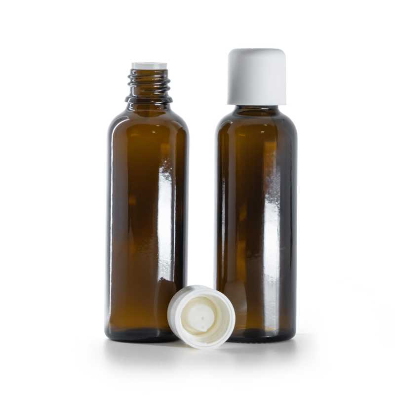 Flacone in vetro ambrato, alto, tappo di sicurezza bianco con contagocce, 50 ml