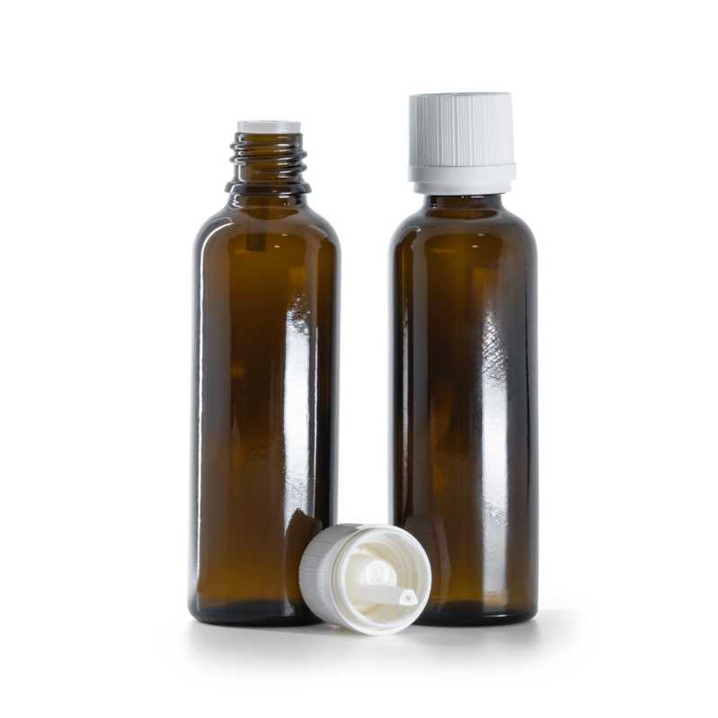 Flacone in vetro ambra, alto, tappo di sicurezza bianco antimanomissione con contagocce, 50 ml