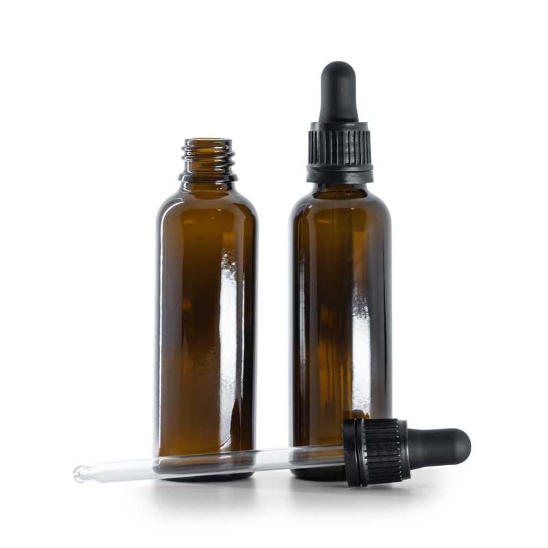 Flacone contagocce in vetro ambrato, sottile, contagocce antimanomissione nero, 50 ml
