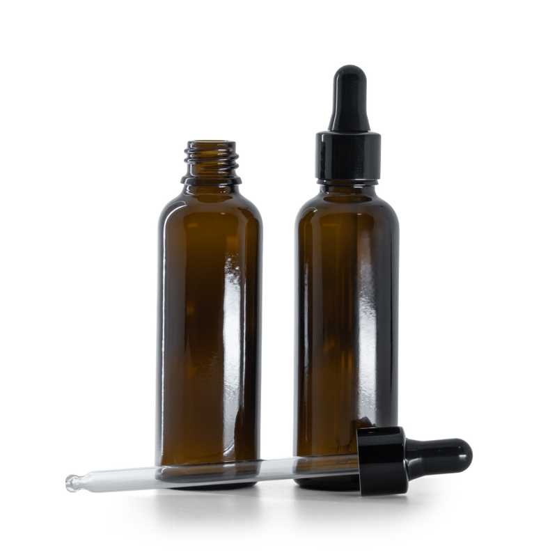 Flacone in vetro ambrato, alto, contagocce nero lucido, 50 ml