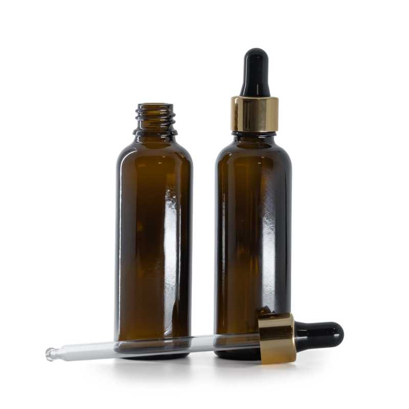 Flacone in vetro ambrato, alto, contagocce nero oro, 50 ml