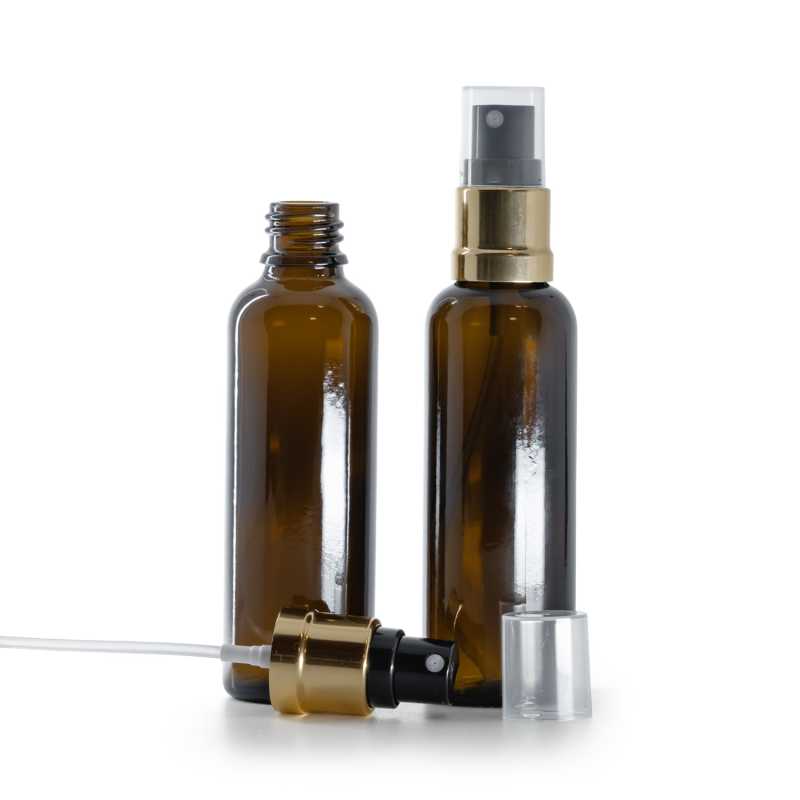 Bottiglia in vetro ambra, alta, spruzzatore nero oro, 50 ml