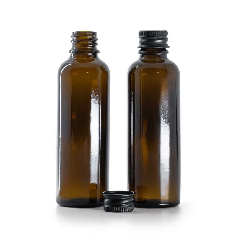 Flacone in vetro ambrato, alto, tappo in alluminio nero, 50 ml