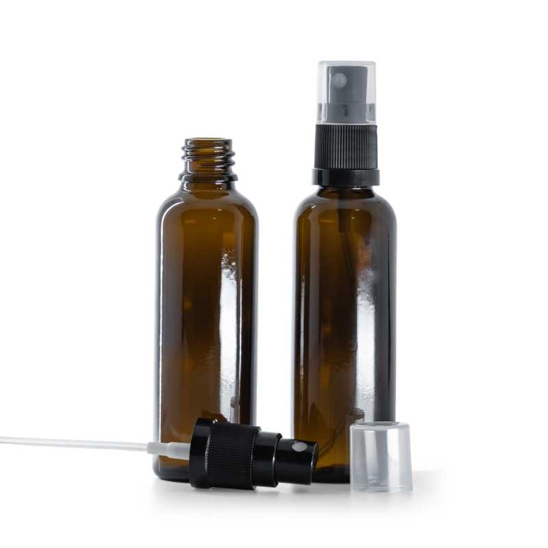 Flacone in vetro ambrato, alto, spruzzatore nero, 50 ml