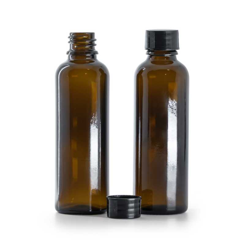 Flacone in vetro ambrato, alto, tappo nero, 50 ml