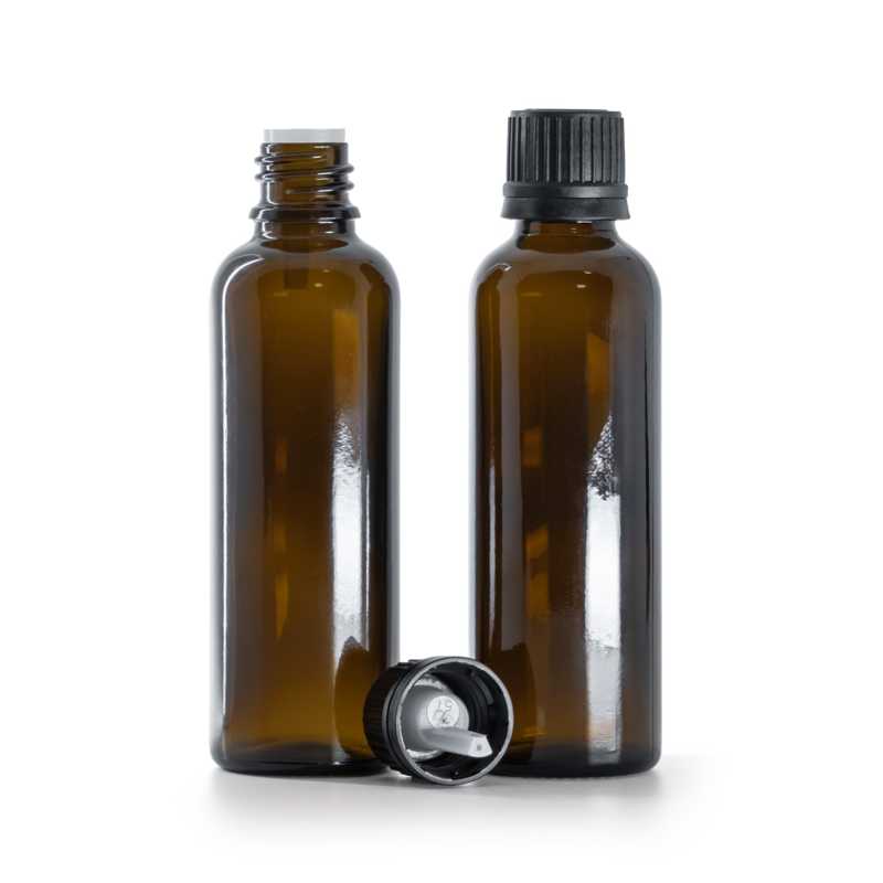 Flacone di vetro ambra, alto, tappo nero con contagocce interno, 50 ml