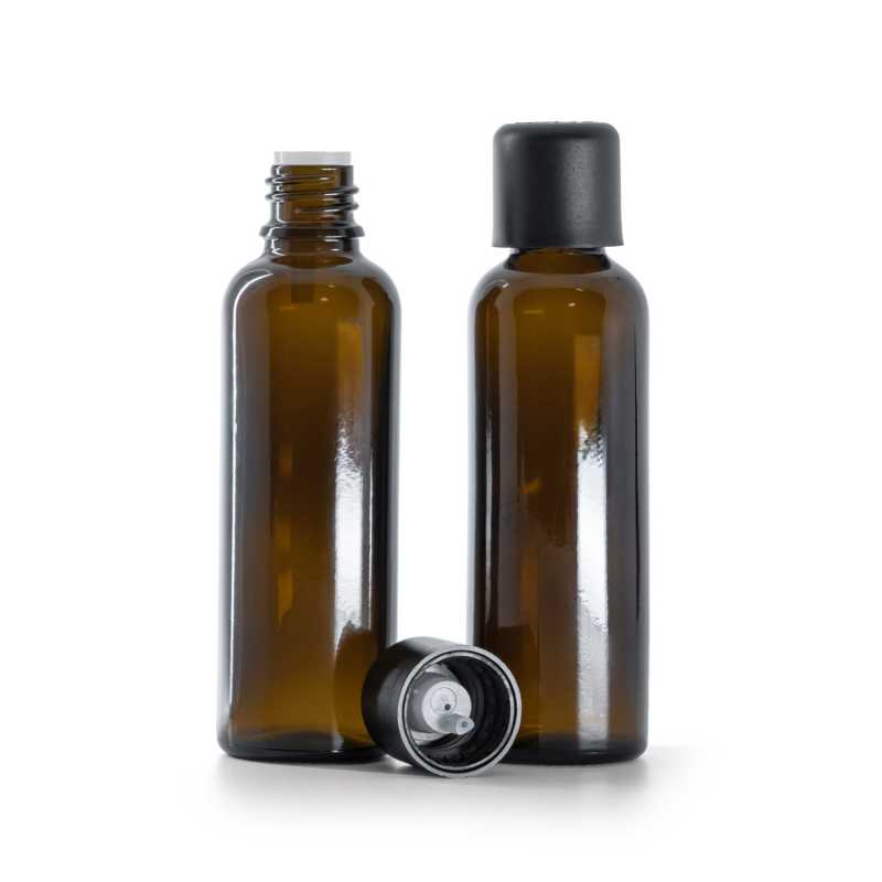 Flacone in vetro ambra, alto, tappo di sicurezza antimanomissione nero con contagocce, 50 ml