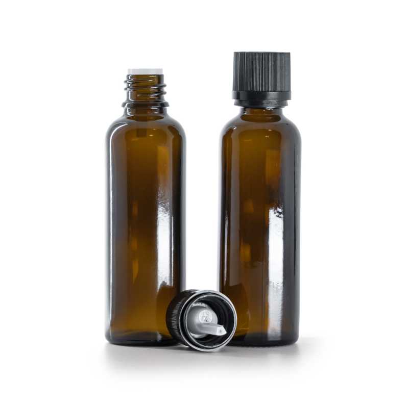 Flacone in vetro ambra, alto, tappo di sicurezza nero zigrinato con contagocce, 50 ml