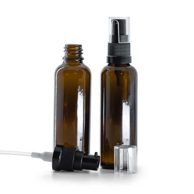 Flacone in vetro ambrato, alto, dosatore per olio nero, 50 ml