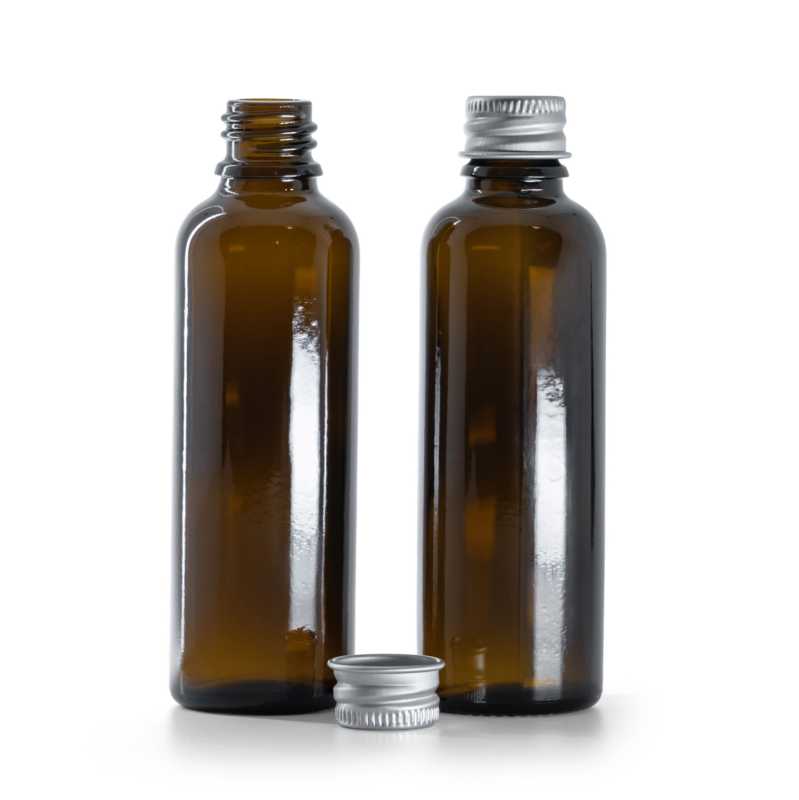 Flacone in vetro ambra, alto, tappo in alluminio argento, 50 ml