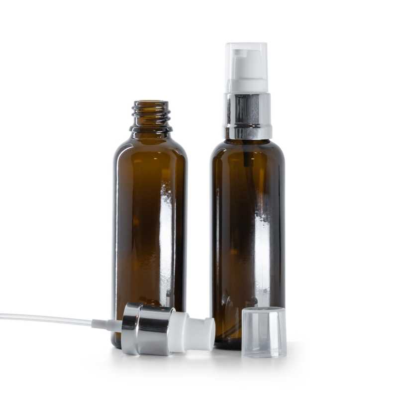 Flacone in vetro ambrato, dosatore bianco argento lucido, 50 ml