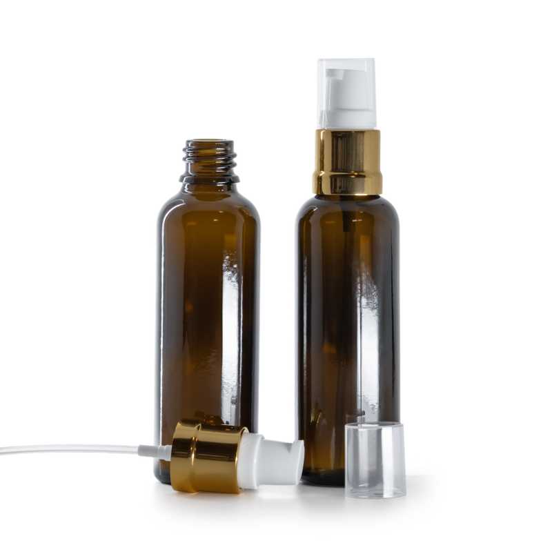 Flacone in vetro ambra alto, dosatore bianco dorato lucido, 50 ml