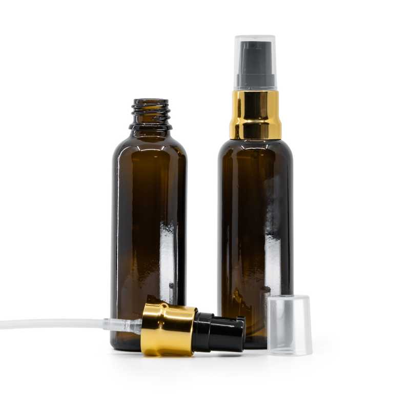 Flacone in vetro ambrato, alto, dosatore nero oro lucido con sovratappo trasparente, 50 ml