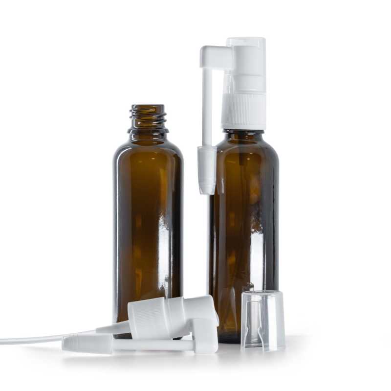 Flacone in vetro ambrato, alto, spruzzatore orale bianco, 50 ml