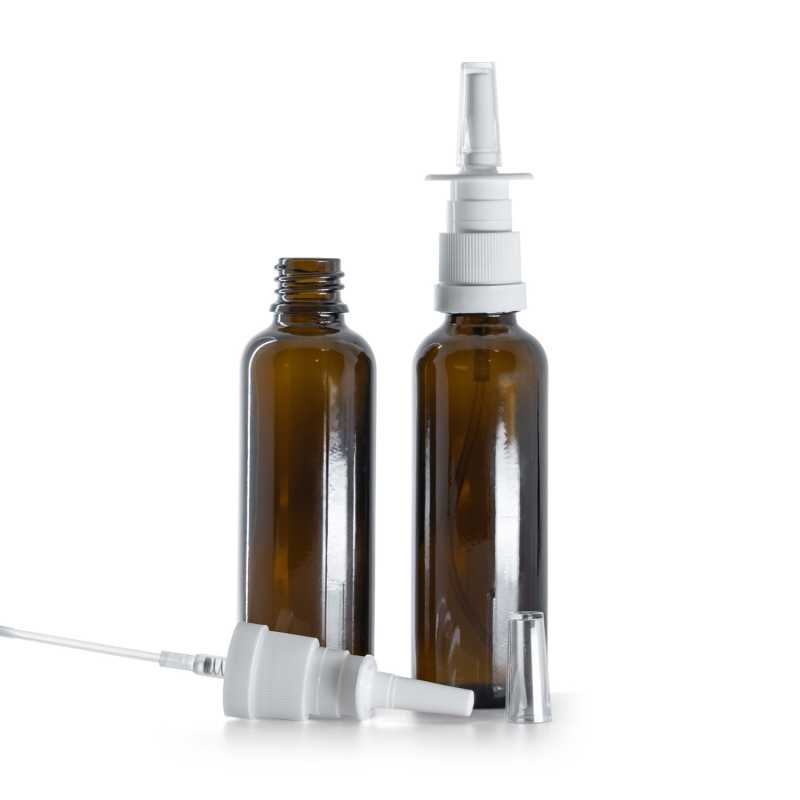 Flacone in vetro ambrato, slanciato, spray nasale bianco, 50 ml