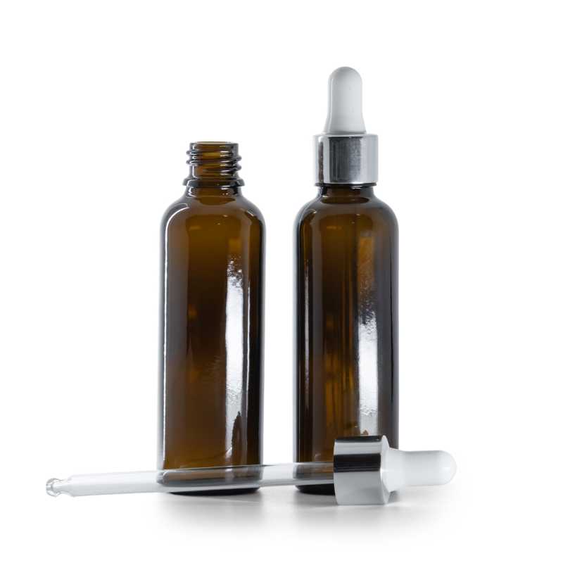 Flacone in vetro ambrato, alto, contagocce bianco argento lucido, 50 ml