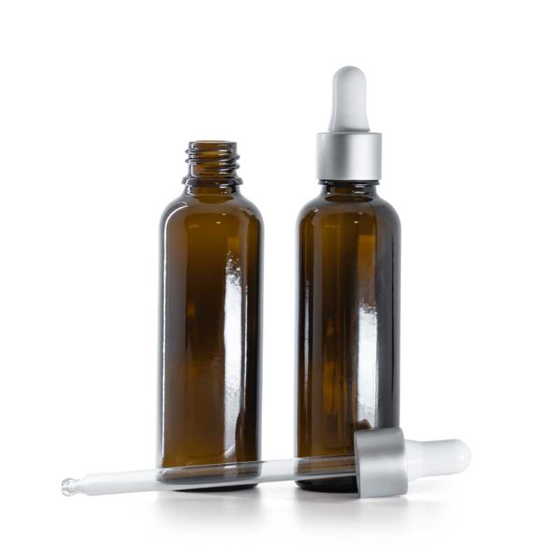 Flacone in vetro ambra, alto, contagocce argento opaco, 50 ml
