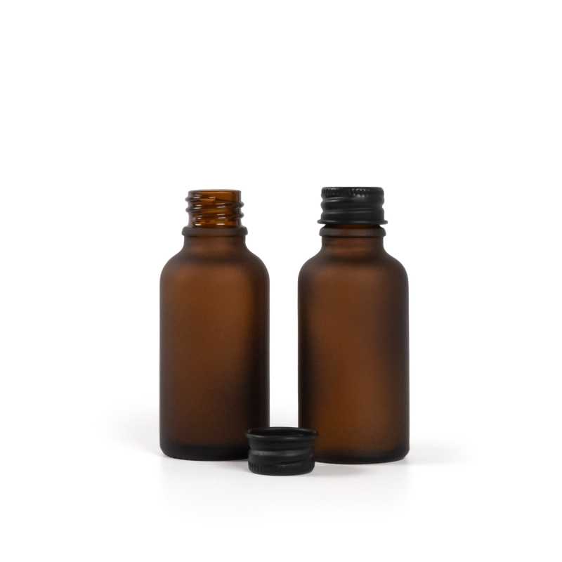 Flacone in vetro ambrato opaco, tappo in alluminio nero, 30 ml