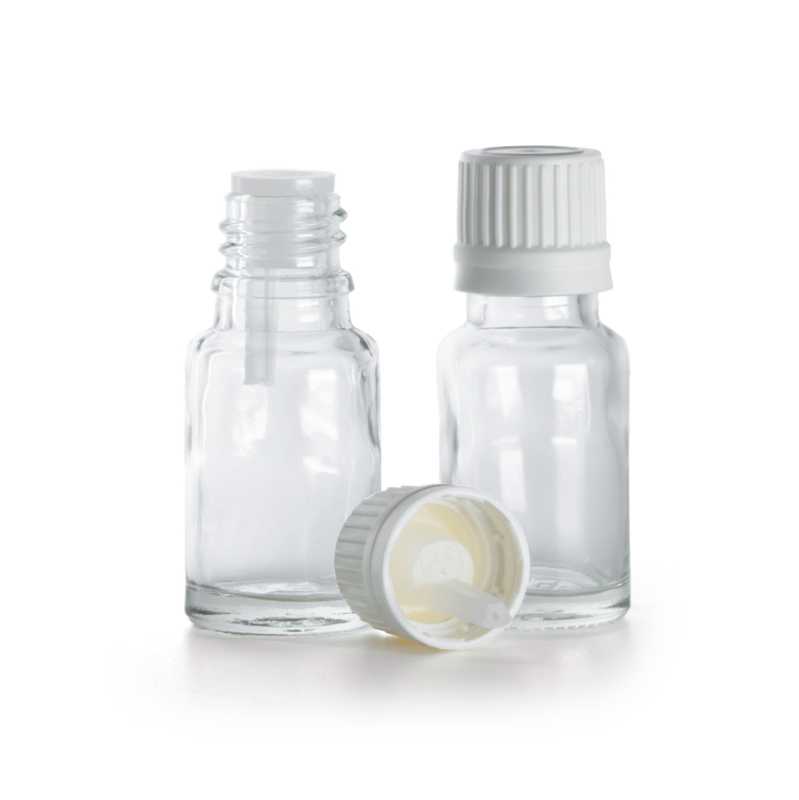 Flacone di vetro trasparente, tappo bianco con contagocce integrato, 10 ml