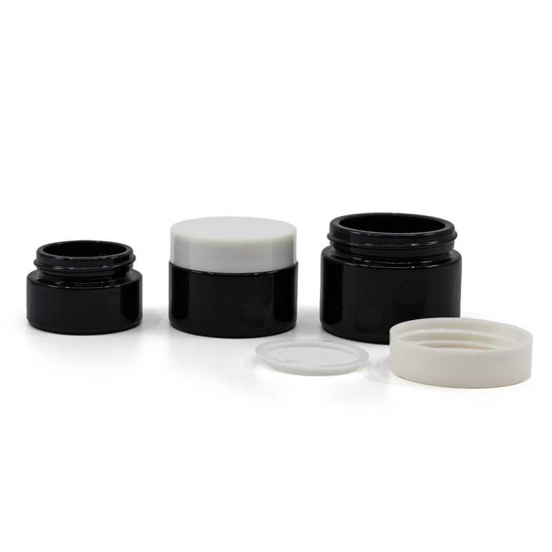 Vaso in vetro, nero lucido, tappo in plastica bianco, 50 ml