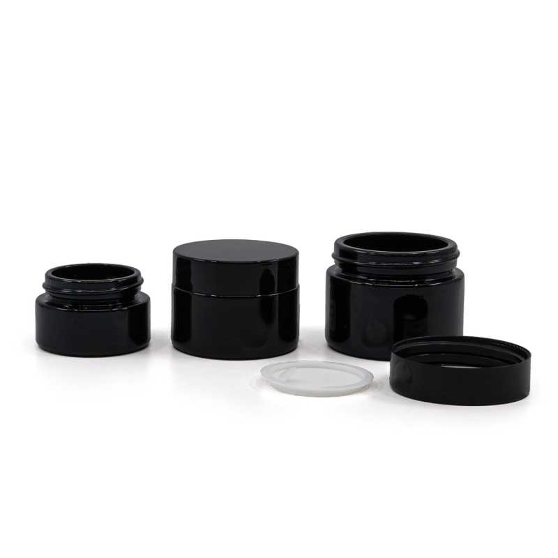Vasetto in vetro, nero lucido, tappo nero, 15 ml