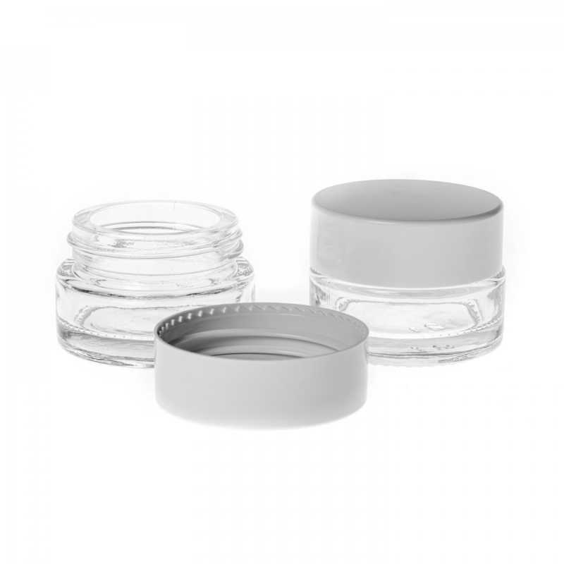 Vaso cosmetico in vetro, trasparente, tappo bianco, 5 ml