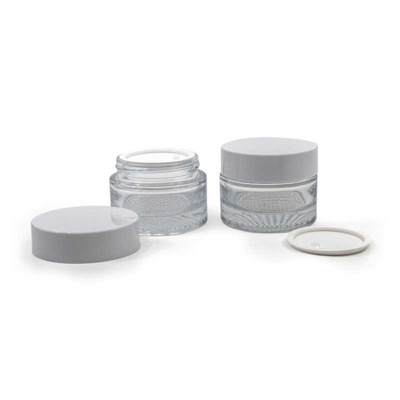 Vaso, vetro, trasparente, tappo di plastica bianco, 50 ml