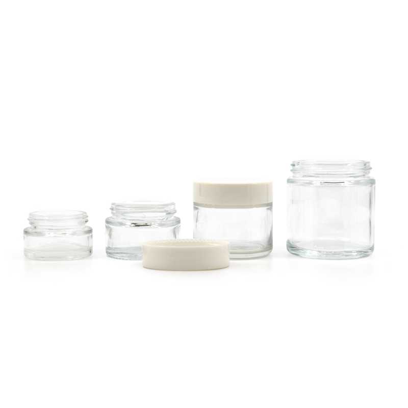 Vaso in vetro cosmetico, trasparente, tappo bianco, 30 ml