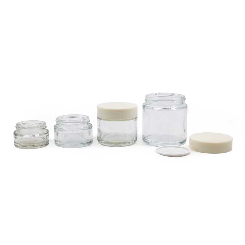 Vaso in vetro, trasparente, tappo bianco, 50 ml