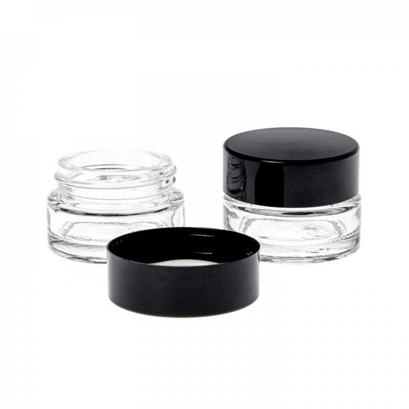 Vaso cosmetico in vetro, trasparente, tappo nero, 5 ml