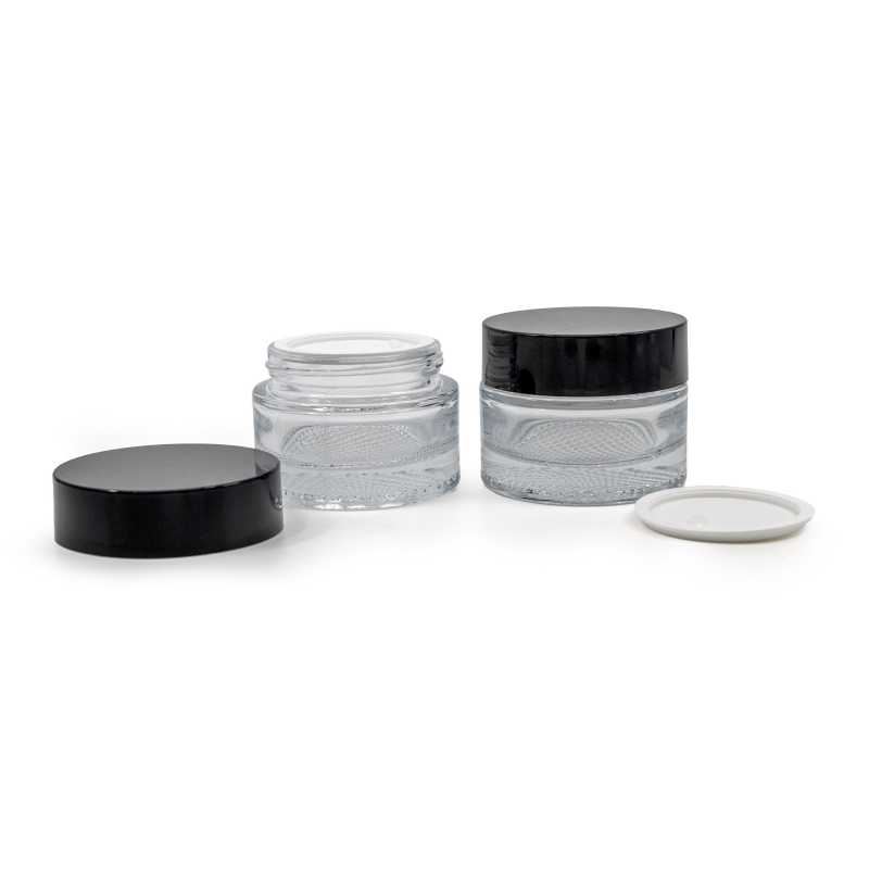 Vaso cosmetico in vetro, trasparente, tappo in plastica nera, 50 ml