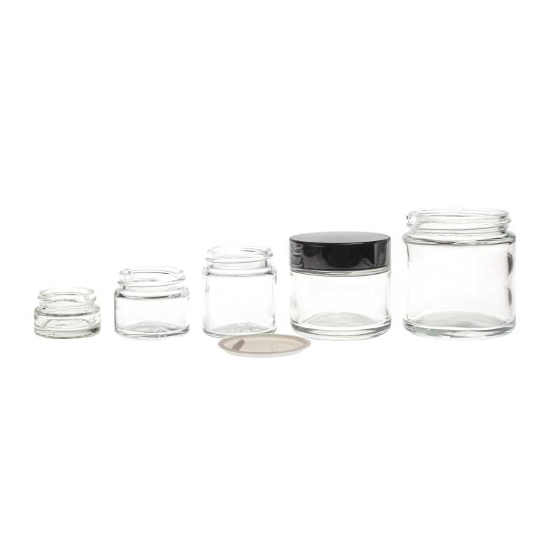 Vaso in vetro, trasparente, tappo nero, 100 ml