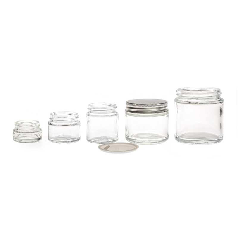 Vasetto cosmetico in vetro, trasparente, tappo in alluminio argento, 30 ml