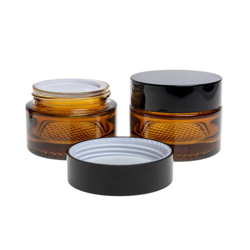 Vaso di vetro, ambra, tappo in plastica nera, 50 ml
