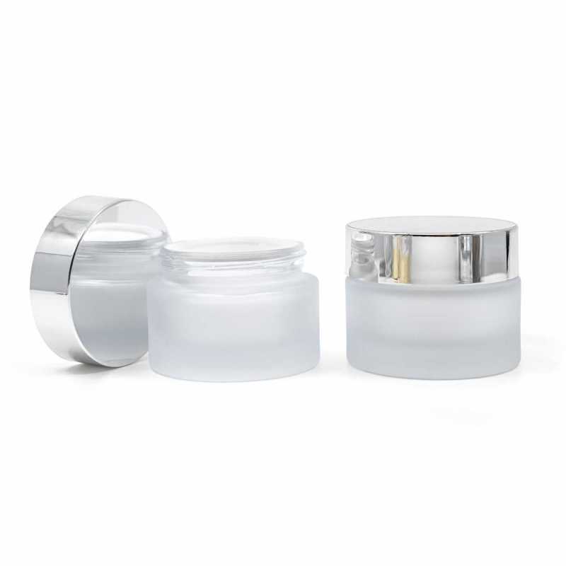 Vaso cosmetico in vetro satinato, bianco, tappo argento, 25 ml