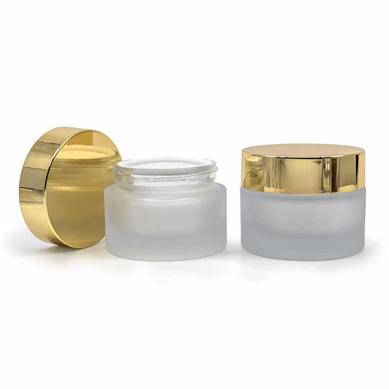 Vaso cosmetico in vetro satinato, tappo dorato, 25 ml