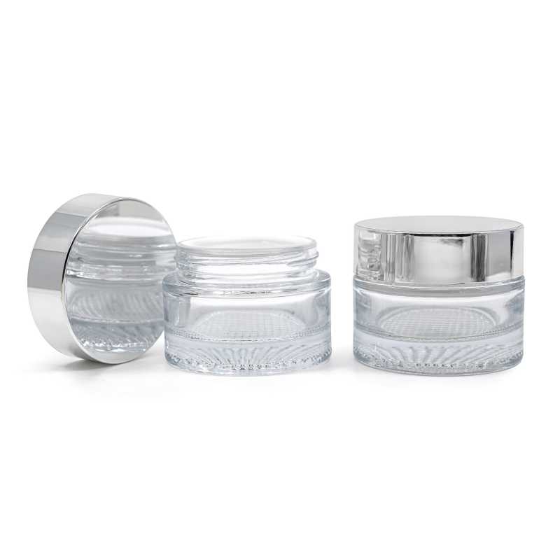 Vaso cosmetico in vetro, trasparente, tappo argento, 25 ml