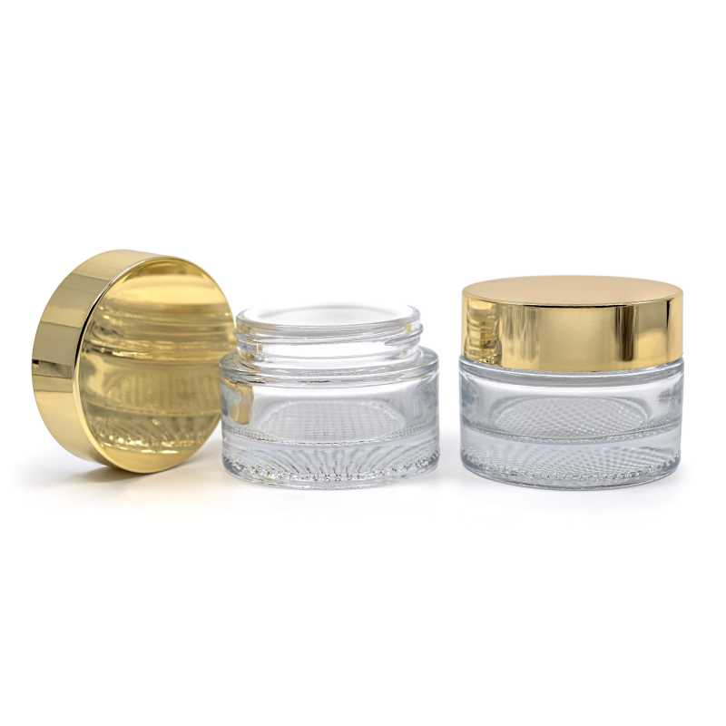 Vasetto cosmetico in vetro, trasparente, 25 ml, tappo dorato