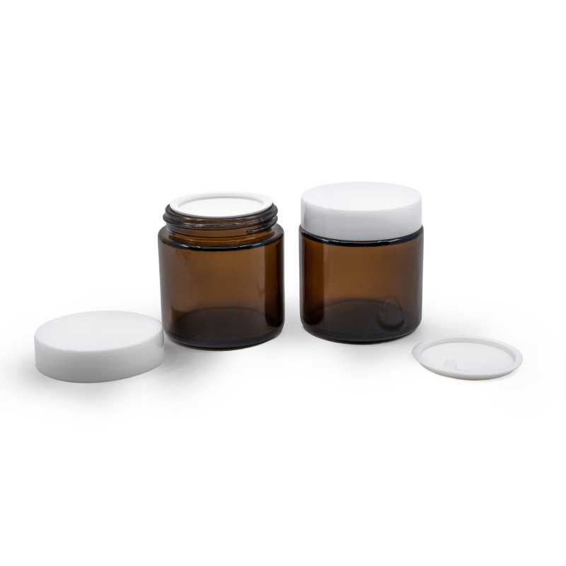 Vaso in vetro, ambrato, 100 ml, tappo bianco