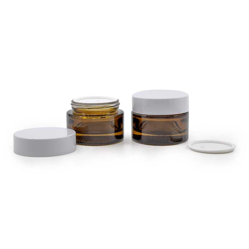 Vaso in vetro cosmetico, ambra, 25 ml, tappo bianco