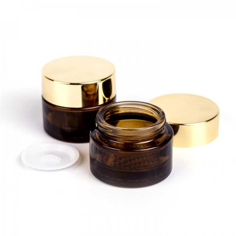 Vaso cosmetico in vetro, ambra, tappo oro lucido, 25 ml