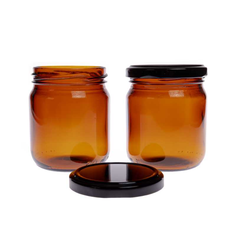 Vaso in vetro ambrato, tappo in alluminio nero, 210 ml