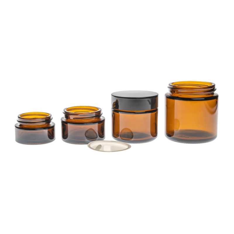 Vaso in vetro ambrato, tappo nero, 50 ml