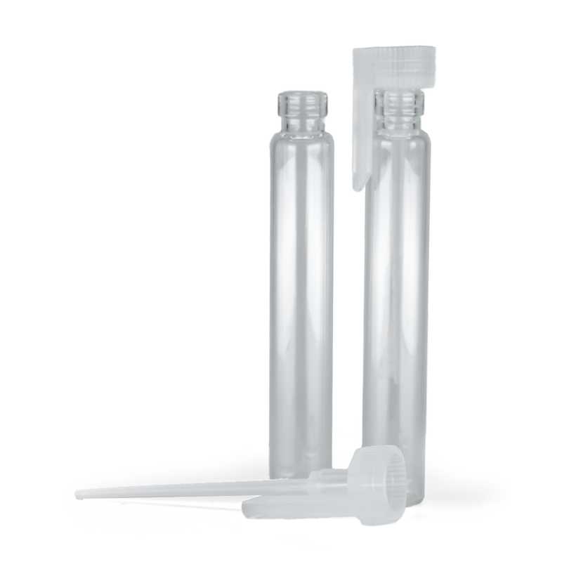 Flacone tester cosmetico in vetro, tappo in plastica trasparente, 2 ml