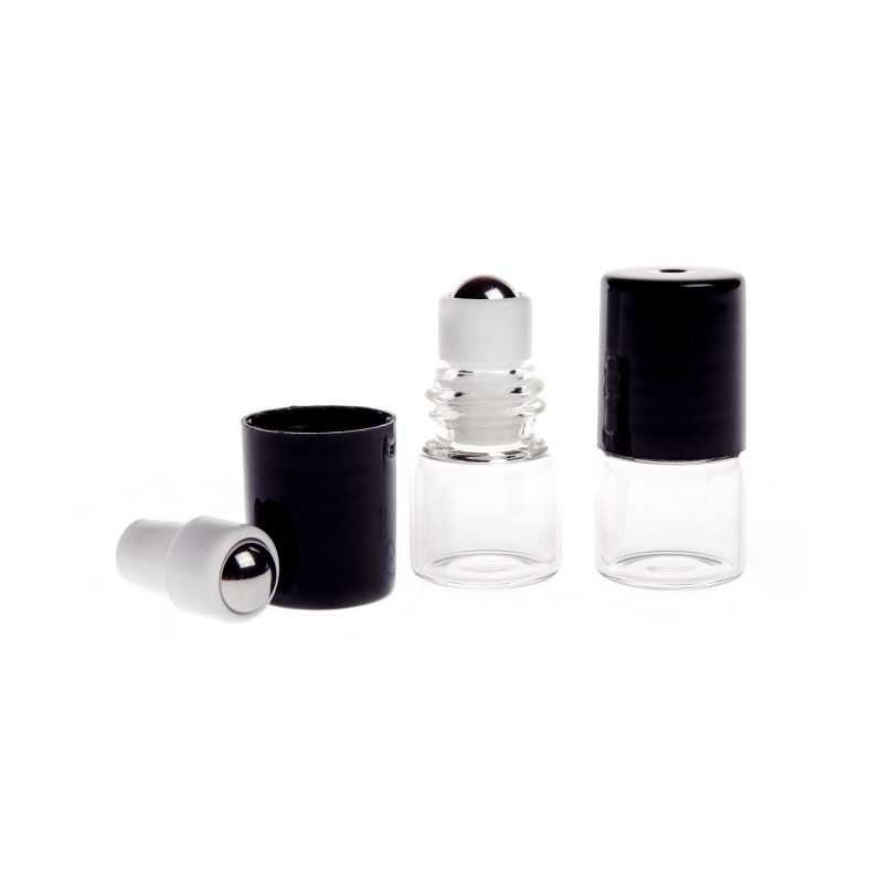 Bottiglia roll-on, vetro, trasparente, 2 ml, tappo nero